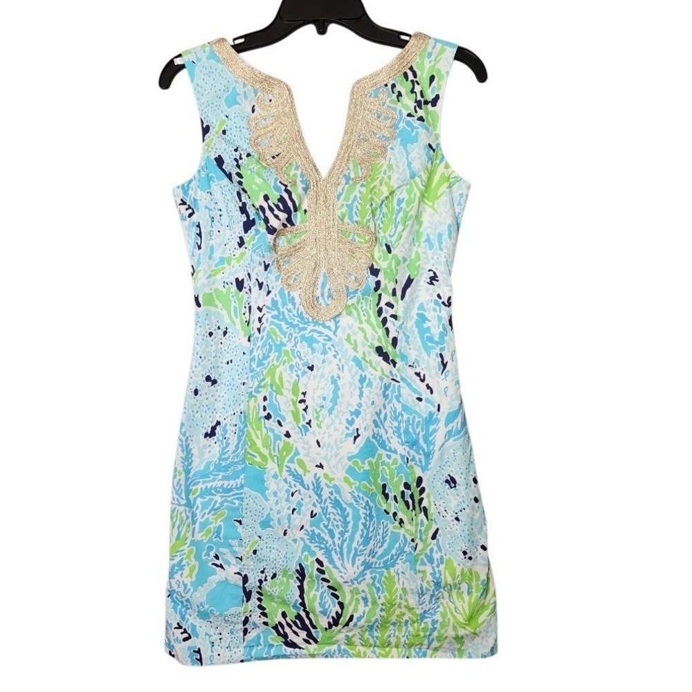 Lilly Pulitzer Janice Shift Dress Spa Blue Lets Cha Cha Size 0 Gold Soutache